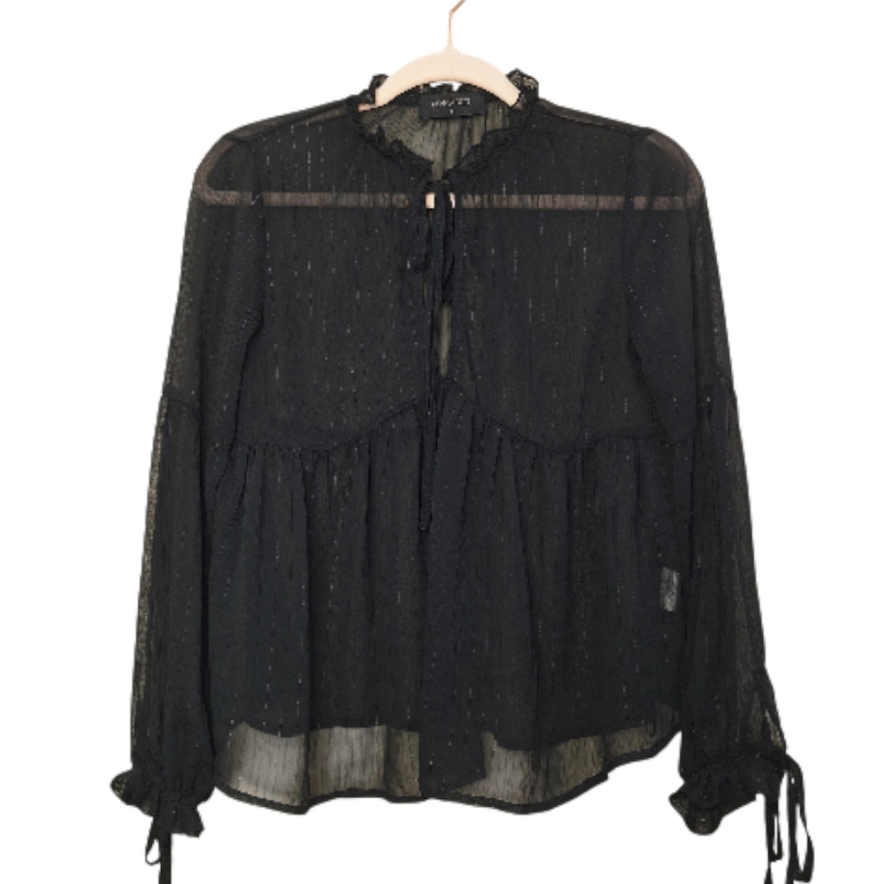 High Street Black Sheer Metallic Pinstripe Blouse | Tie Neck Babydoll Top Small